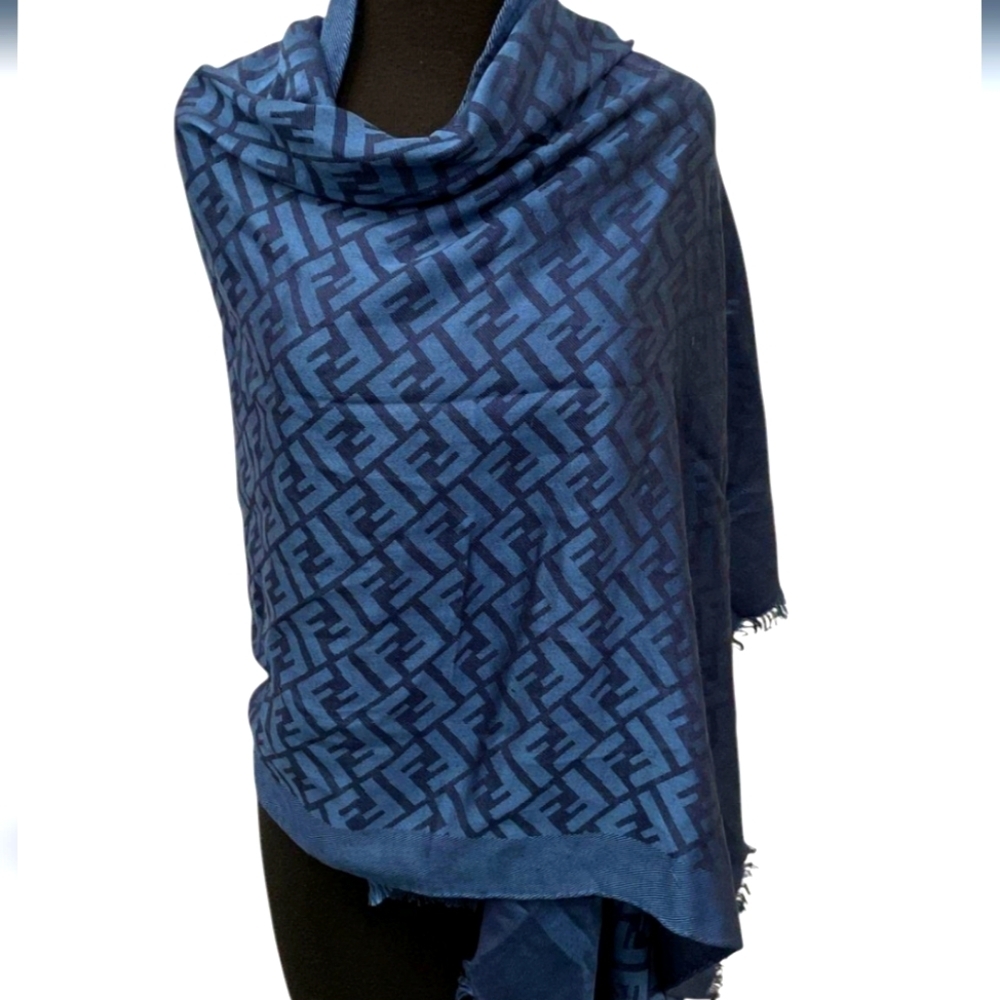 Fendi Navy Blue Silk and Wool Shawl
